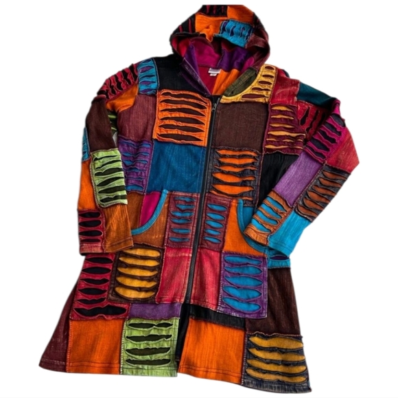 Boho Patchwork Hoodie Jacket Colorful Cotton Zip Up Handmade Nepal S/M Festival - Picture 2 of 9